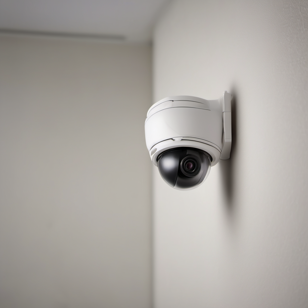 Modern white dome security camera mounted in the corner of a room