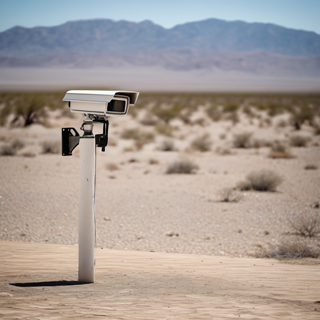 Security camera mounted on a post overlooking a large open desert property