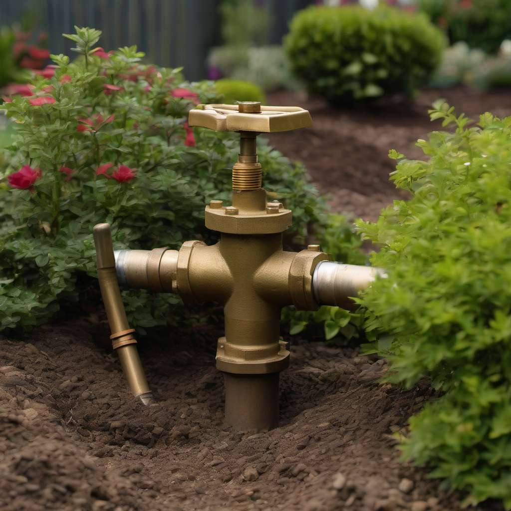 Brass irrigation shutoff valve installed outdoors in a landscaping bed