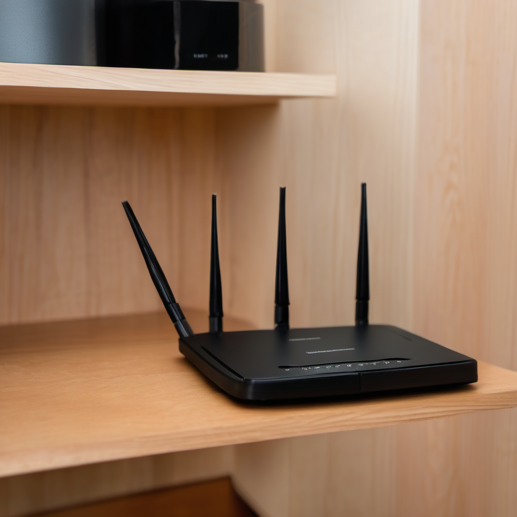 Modern network router installed on a shelf inside a home utility closet