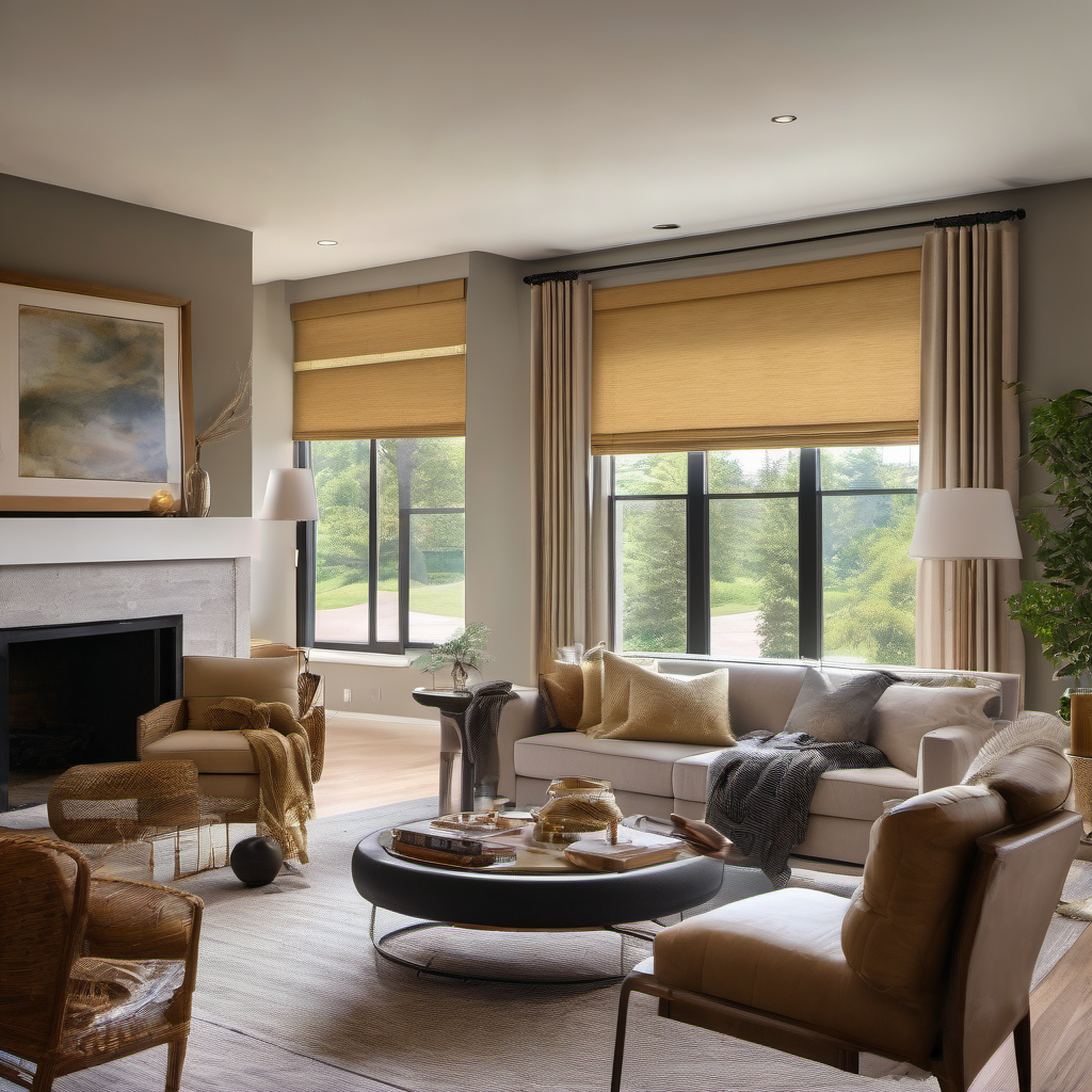 Warm, tastefully furnished living room with motorized window shades