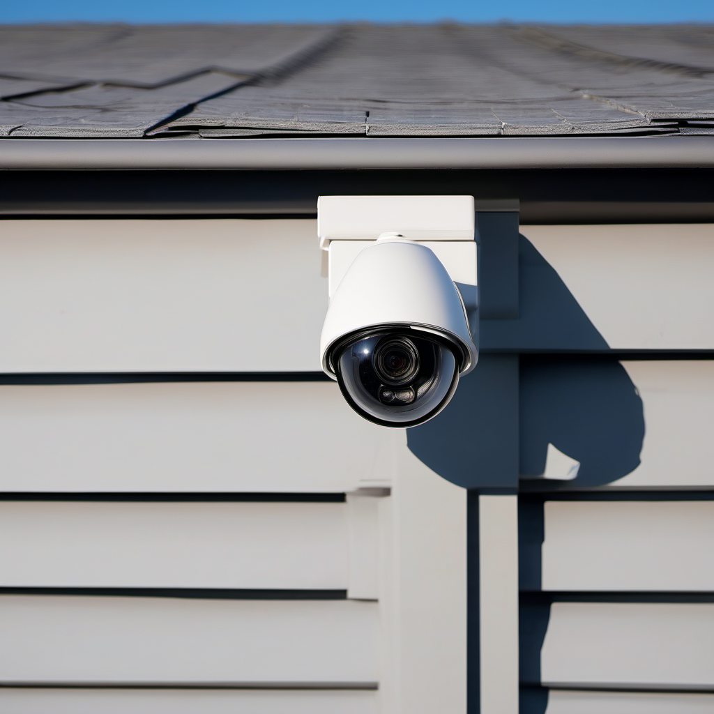 Security camera mounted under the eave of a house, recording locally regardless of internet connectivity