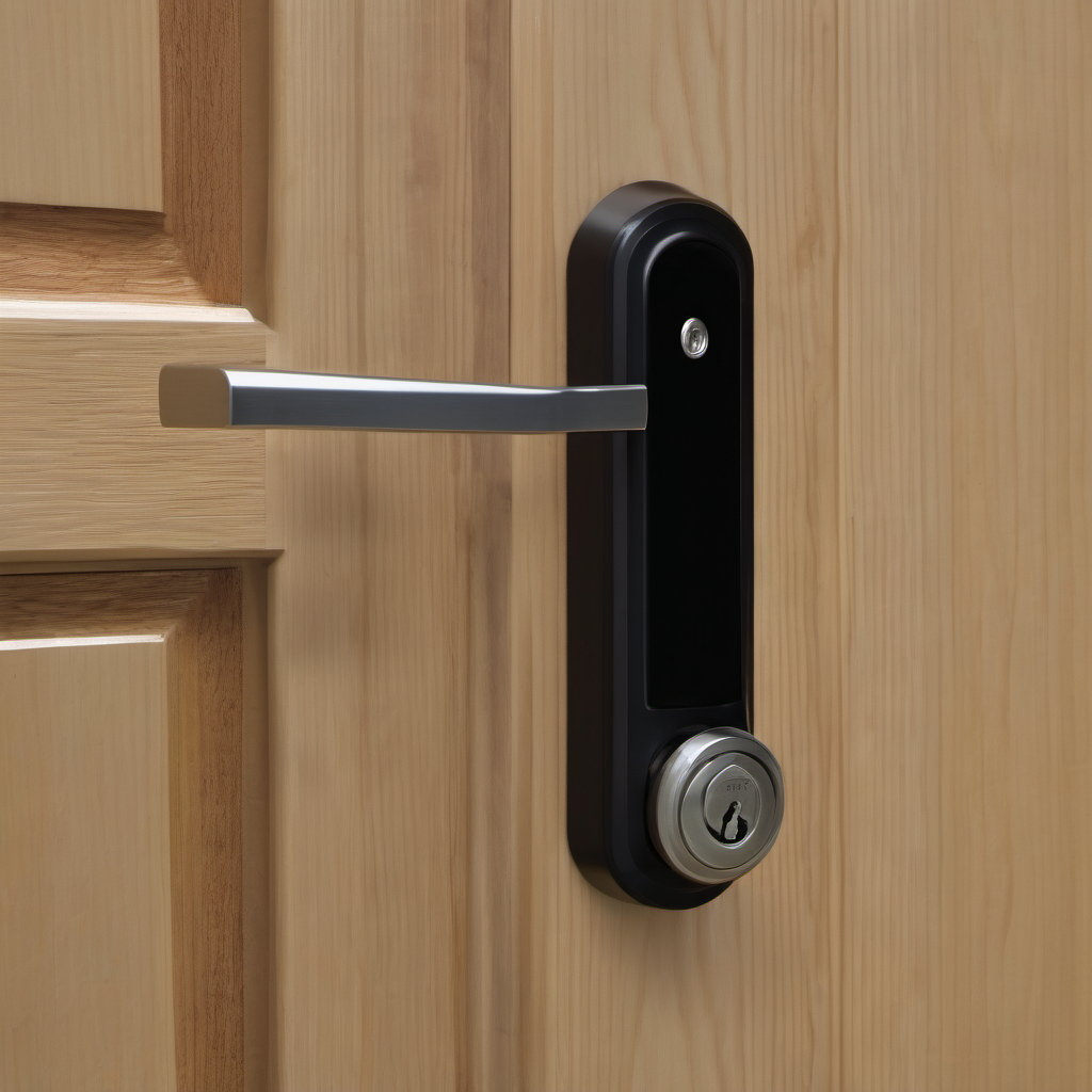 Black electronic deadbolt with keyed cylinder installed on a wood front door